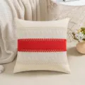 Vintage cotton woven pillowcase with red stripe and lace splicing for sofa decor - Red (Knitted Border)