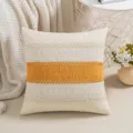 Bohemian decorative throw pillow cover with yellow cotton thread stitching and lace detail - Turmeric (Knitted Border)