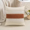 American rustic style cream decorative throw pillow cover with rusty orange crochet band - Caramel (Knitted Border)