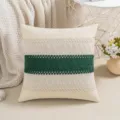 Boho style woven cotton throw pillow cover with dark green stripe and crochet lace. - Christmas Green (Knitted Border)