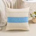 Rustic boho beige throw pillow cover with blue woven stripe and crochet lace detailing - Sky Blue (Knitted Border)