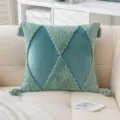 Square teal velvet tufted throw pillow cover featuring elegant tassels on a beige sofa - 45x45cm / Lake Blue