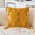 Premium soft mustard yellow tufted velvet pillowcase with tassel corners for home decor - 45x45cm / Turmeric