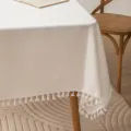 Minimalist cream polyester linen rectangular tablecloth with elegant white tassel edges - Tassel / 60*60cm / Off White