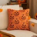 Funda de cojín naranja de punto con motivos de calabaza para decoración Halloween - Calabaza Sonriente