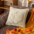 Cream Halloween pumpkin plush pillow cover with decorative faux fur border for sofa. - Pumpkin Pattern / 45x45cm (Cover Only / Without Insert) / Beige