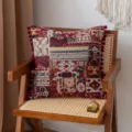Vintage bohemian ethnic style patchwork cushion cover with red pom-pom fringe for home - Red