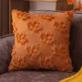 Burnt orange autumn maple leaf embroidered plush throw pillow cover with tufted detail - Dark Caramel Drifting Leaf With Brown Stem