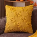 Yellow plush pillow cover with 3D maple leaf embroidery for cozy autumn decor - Ginger Drifting Leaf With Brown Stem