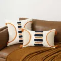 Decorative tufted geometric pillow covers with navy and orange stripes and tassels - 45x45cm / Style K