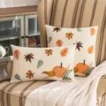 Decorative beige pillow covers with autumn pumpkin and maple leaf embroidery designs - Pumpkin Leaves (No Insert) / 30x50cm