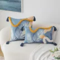 Morandi blue tufted decorative cushion cover with tassels and white leaf print patterns - Yellow Stripe Tufted Style / 30x50cm (Cover Only) / Yellow
