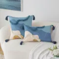 Morandi blue tufted decorative cushion cover with tassels and abstract landscape print - Blue Stripe Tufted Style / 30x50cm (Cover Only) / Blue
