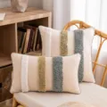Boho style tufted throw pillow covers with green and yellow stripes on cream base - 30*50cm Without Core / Tri-Color Stripes