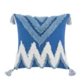 Nordic blue tufted geometric cushion cover with white zigzag pattern and tassels - Sea Wave / 18x18 Inch