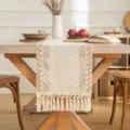 Bohemian woven cream table runner with intricate hollow patterns and elegant tassel edges - 30x200cm / Beige Diamond
