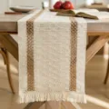 Rustic bohemian woven cotton linen table runner with brown stripes and fringe details - 30x300cm / Two Ropes