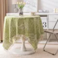 French country green tablecloth with elegant leaf pattern and tassels for round dining table. - Green Leaf