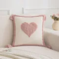 Housse de coussin cœur touffetée avec pompons décoratifs pour décoration de canapé - Coeur Rose