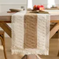 Bohemian style woven table runner featuring coarse linen texture and fringe accents - Two Side Cotton Threads