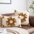 Boho tufted cushion covers with mustard sunburst embroidery on cream cotton fabric - 30*50cm / White