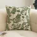 Square cream cushion cover featuring elegant green 3D floral chenille embroidery - 45x45cm / White Green
