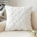 White faux rabbit fur throw pillow cover featuring a quilted geometric block design - 45x45cm / White