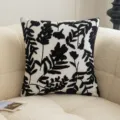 French style tufted square cushion cover featuring black floral embroidery on white fabric - 45x45cm / White Base Black Bow