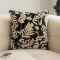 Elegant French black square throw pillow cover featuring beige 3D floral tufted embroidery - 45x45cm / Black with White