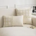 Bohemian cream cushion cover featuring crochet mushroom patterns and decorative tassels - 18x18 Inch / White Mushroom