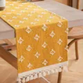 Camino de mesa boho de algodón amarillo con mechones blancos, borlas y motivos geométricos - 30x180cm / Amarillo jengibre