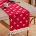 Camino de mesa bohemio de algodón rojo con patrones de estrellas rosas y borlas color crema - 30x180cm / Burdeos