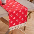 Camino de mesa de algodón rojo con patrón de estrellas blancas y borlas decorativas - Rojo