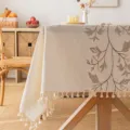 Elegant cream-colored embroidered tablecloth with brown leaf patterns and tassel trim detail - 60*60cm / Brown