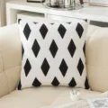 Elegant white cushion cover featuring black geometric diamond towel embroidery detail - 45x45cm / Diamond