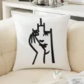 White cushion cover with black abstract face embroidery in towel stitch style - 45x45cm / Face Supporting