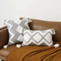 Boho grey tufted geometric throw pillow cover with white wave patterns and tassels - 45x45cm / Style F