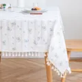 Ποιμενικό βαμβακερό λινό τραπεζομάντιλο με κίτρινα μοτίβα μαργαρίτας και φούντες - 140*260cm / Λευκασμένο Λευκό Κομψό Φλοράλ