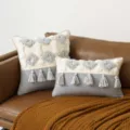 Grey and cream geometric tufted pillow covers with tassels on a brown leather sofa - 45x45cm / Style H