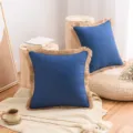 Housse de coussin en lin bleu avec franges bohèmes pour décoration de canapé scandinave - Bleu Marine