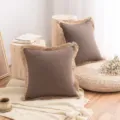 Housse de coussin en lin et coton marron de style bohème avec bordure frangée - Marron