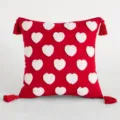 Red decorative throw pillowcase with white tufted heart pattern and corner tassels - 45*45cm Without Core / Red with White Hearts