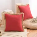 Housse de coussin rouge en coton et lin avec franges - Rouge