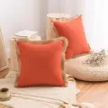 Housse de coussin en lin orange avec bordure à franges - Rouge Orangé