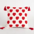Square tufted red heart embroidery pillow cover with decorative matching corner tassels - 45*45cm Without Core / White with Red Hearts