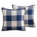 Taie d'oreiller en coton et lin à carreaux bleus et blancs avec coutures décoratives - Taille Carrée (Sans Noyau) / Pack de 2 / Bleu Marine