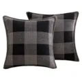 Taies d'oreiller à carreaux noirs et gris avec bordure décorative en point de feston, 2 pcs - Taille Carrée (Sans Noyau) / Pack de 2 / Noir et Gris