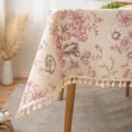 Premium cotton linen floral tablecloth with tassels for dining and coffee tables - Purple Floral Style / 60x60cm