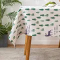Rustic cotton linen tablecloth featuring green pine tree and purple deer patterns - Deer Forest Style / 60x60cm