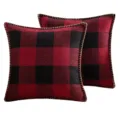 Paire de housses de coussin carrées à carreaux rouges et noirs avec bords décoratifs - Rouge & Noir